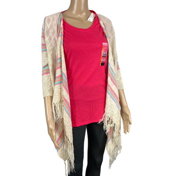 Maurices Womens Cardigan Sweater Crochet Back Striped Fringed Open Front Medium - Picture 1 of 9